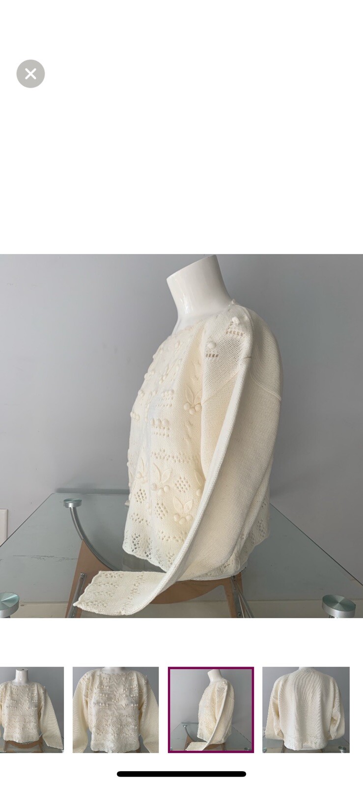 New Rare Item Vintage 80s Retro Cream Crochet Floral Sweater Medium