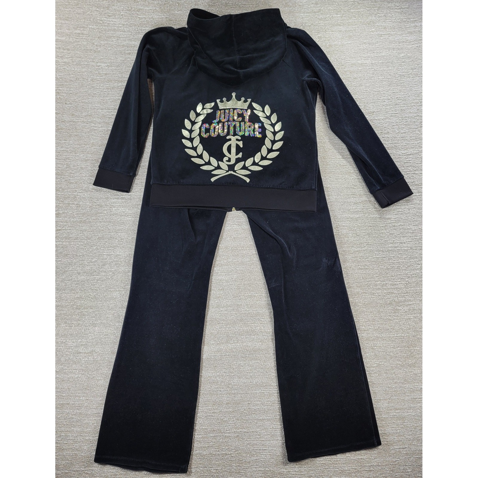 VTG Juicy Couture Velour Track Suit L Black Gold Bling Y2K Low Rise Hoodie Cozy