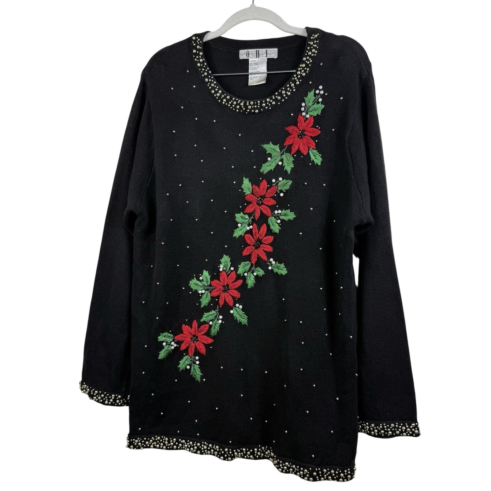 Vintage 90s Beaded Black Embroidered Poinsettia Sweater Large Holiday Christmas