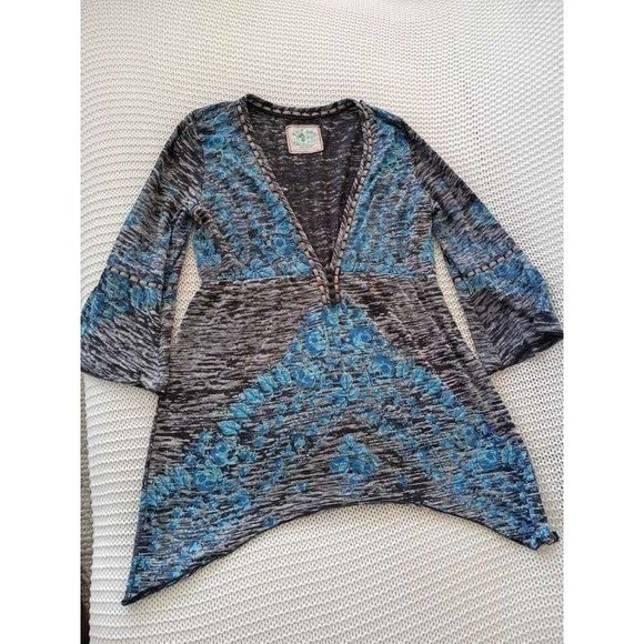 Free People Boho Peasant Blue Floral Embroidered Bell Slve Cotton Tunic S