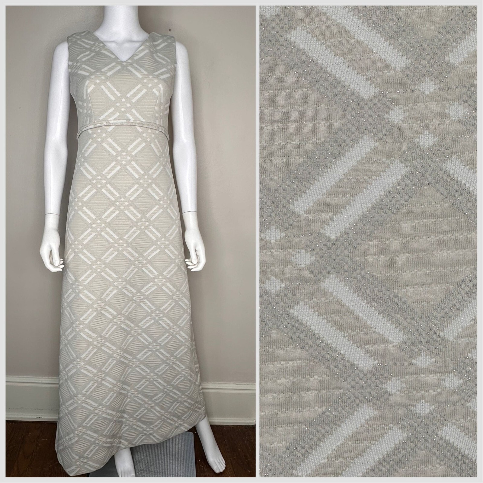 Vintage 1970s Silver Plaid Maxi Dress 70s Bleeker Street Double Knit Polyester