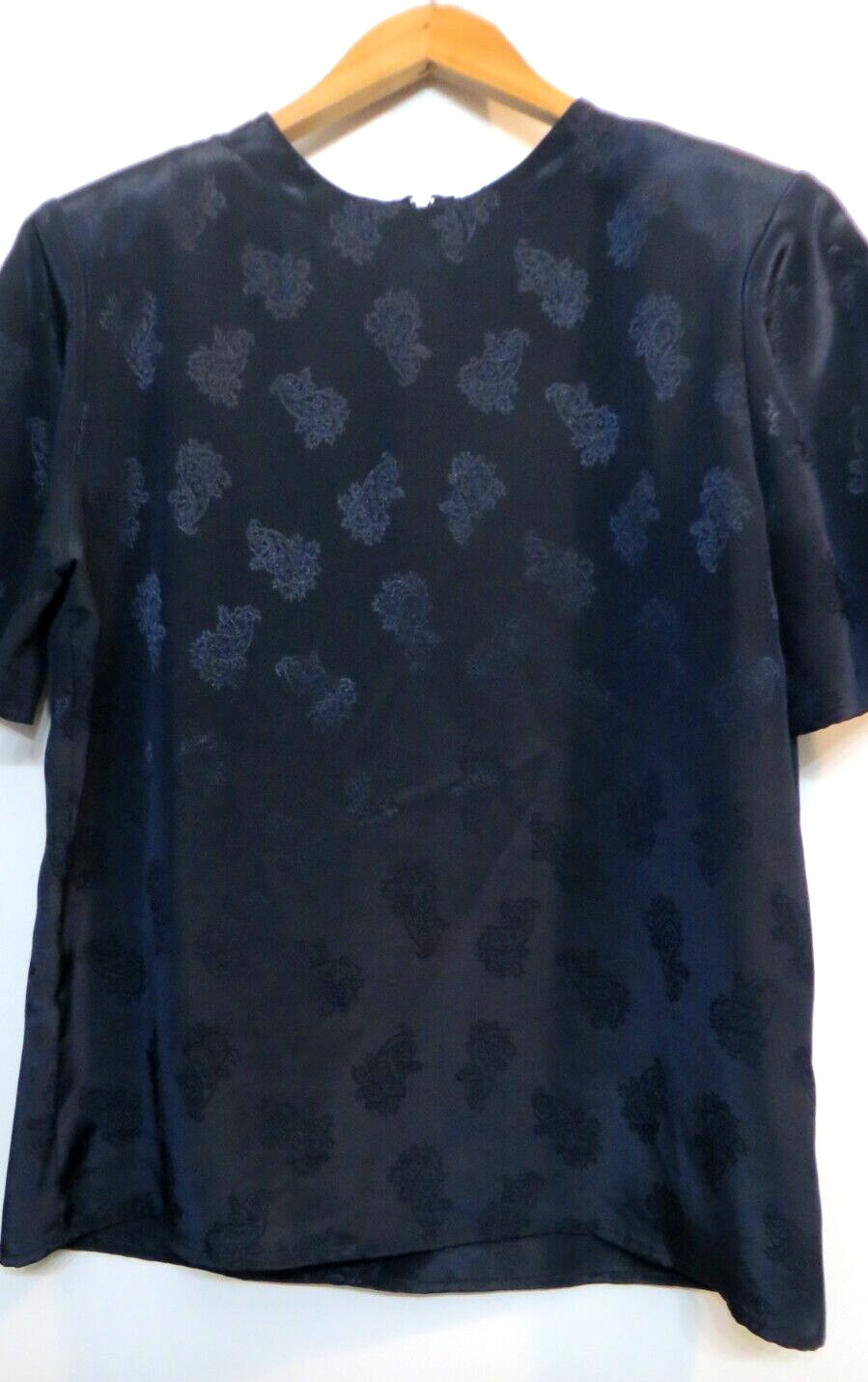 Vintage Pyke Limited Blouse Shirt Top Womens Large Navy Blue Embossed Short Slv