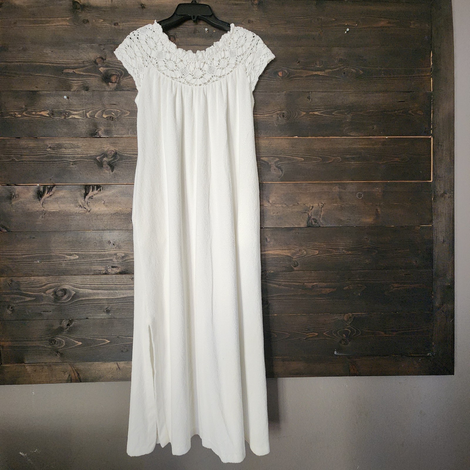 Vtg 80a Miss Elaine Terry Cloth Nightgown Maxi Dress Small White Crochet Lace