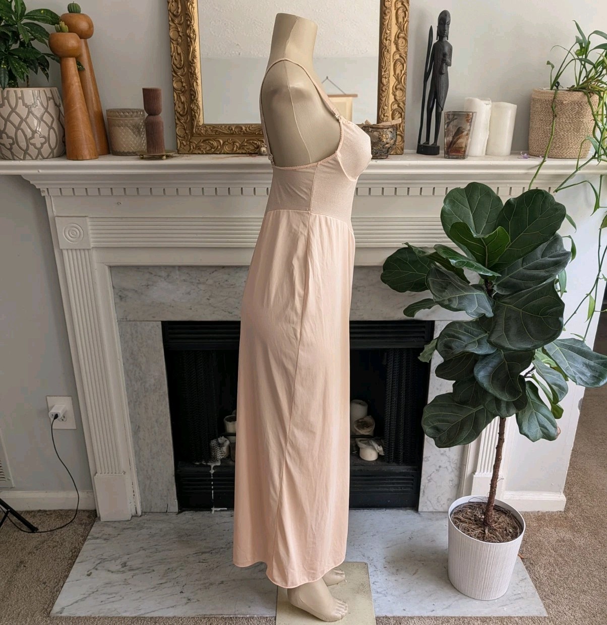 Vintage 80s Glydons Blush Nude Full Slip Dress Antron Nylon Lycra 36 Sheer