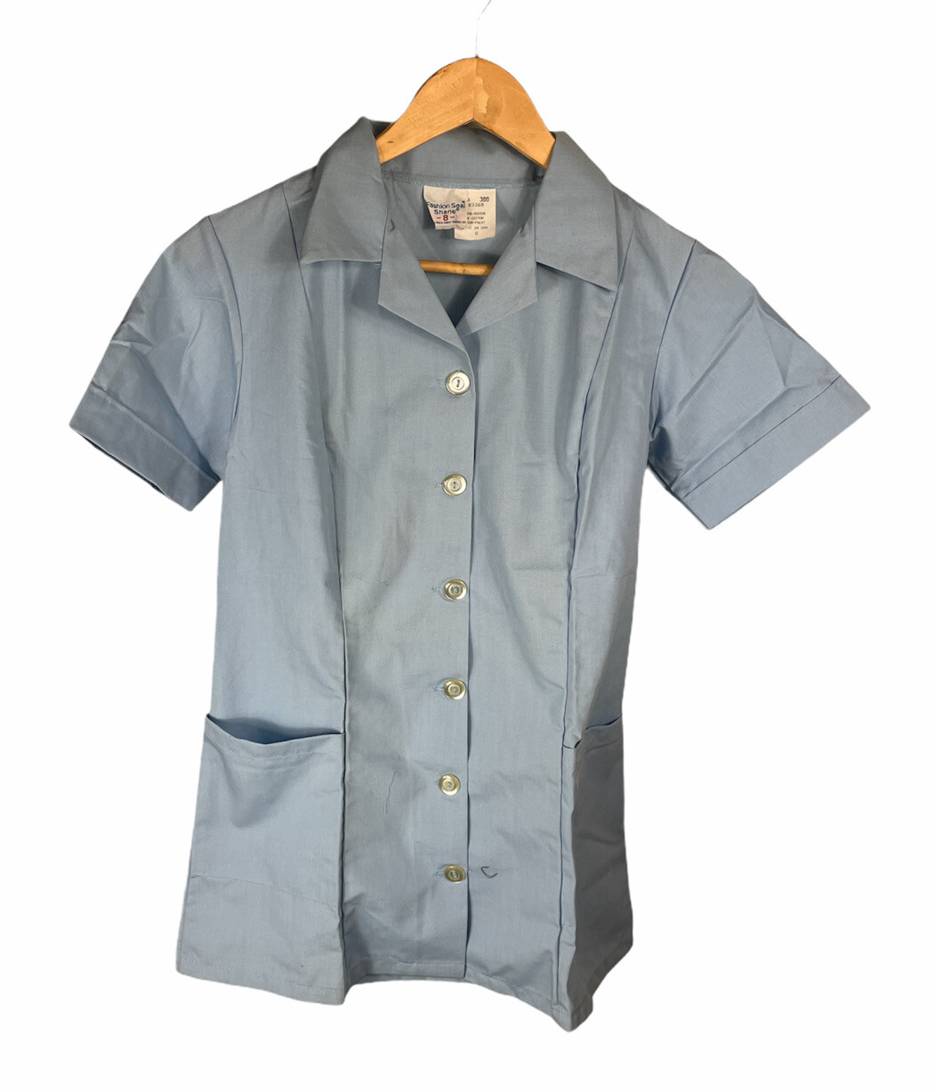 Vintage 70s Fashion Seal Shane Collared 2 Pocket Blue Nurse Scrub Shirt Size 8