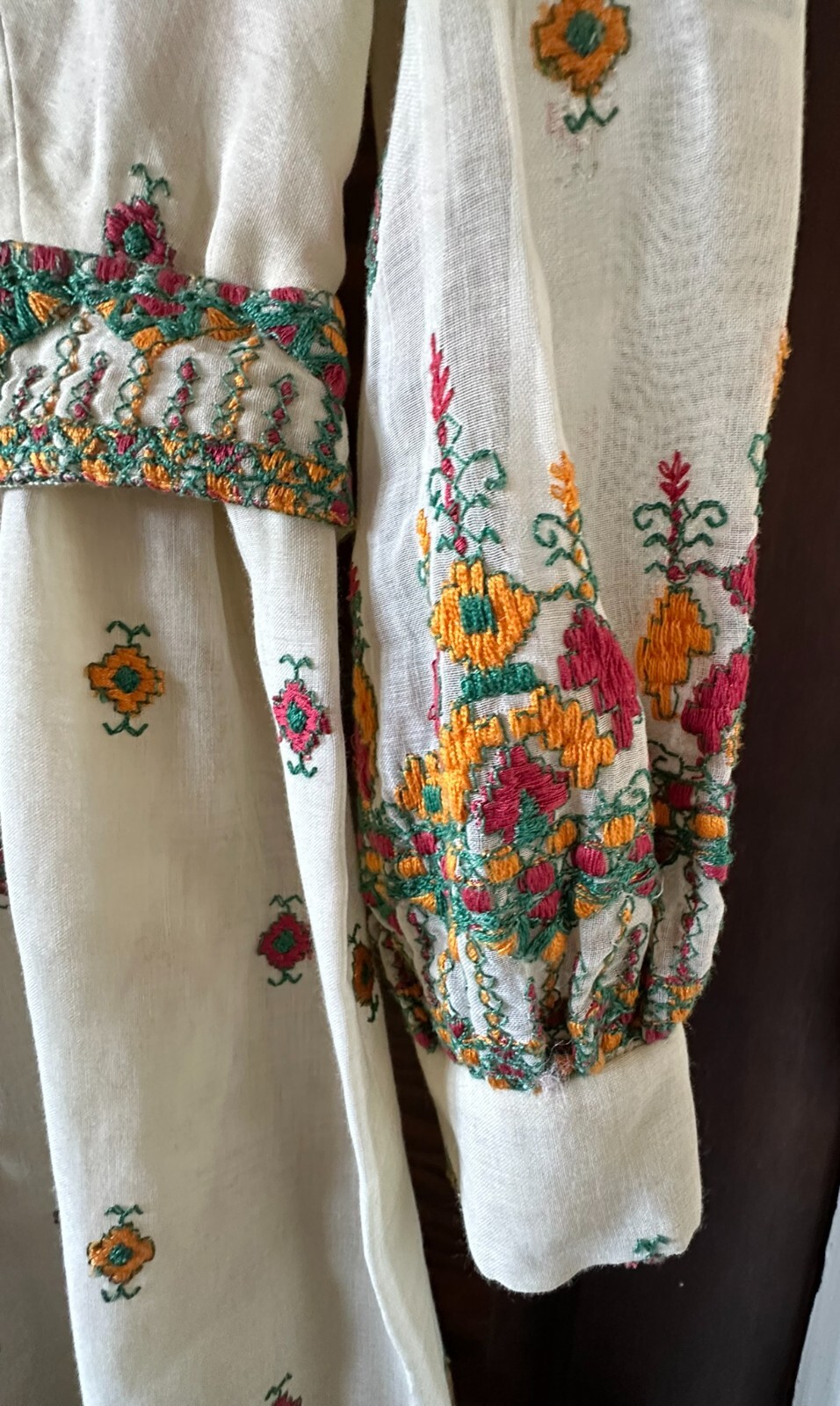 Vtg 70’s Embroidered Ivory Dress Belt LS Approx Medium Collar Red Green Yellow