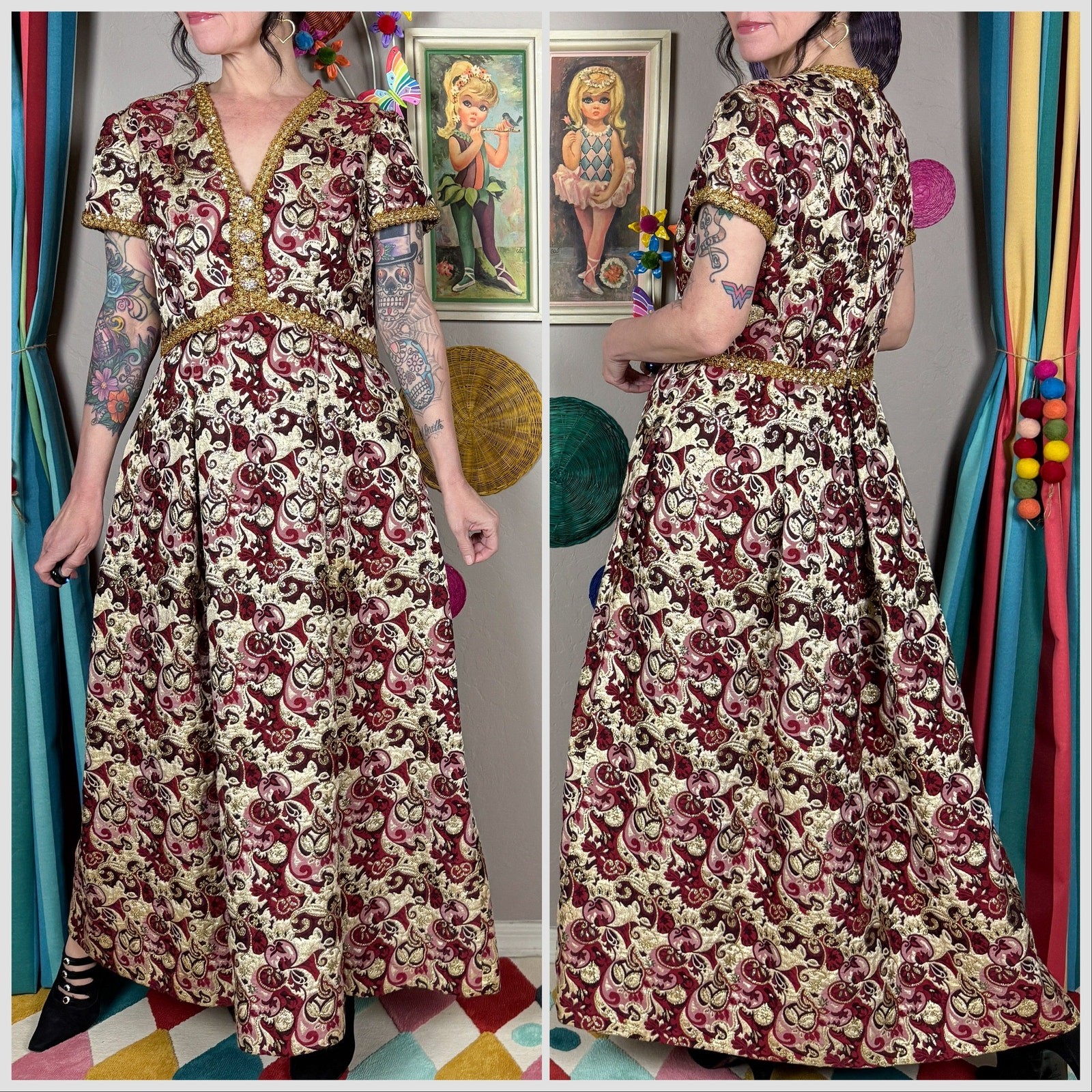 Vintage 1970s Metallic Gold and Maroon Floral Brocade Dress | 30″ Waist