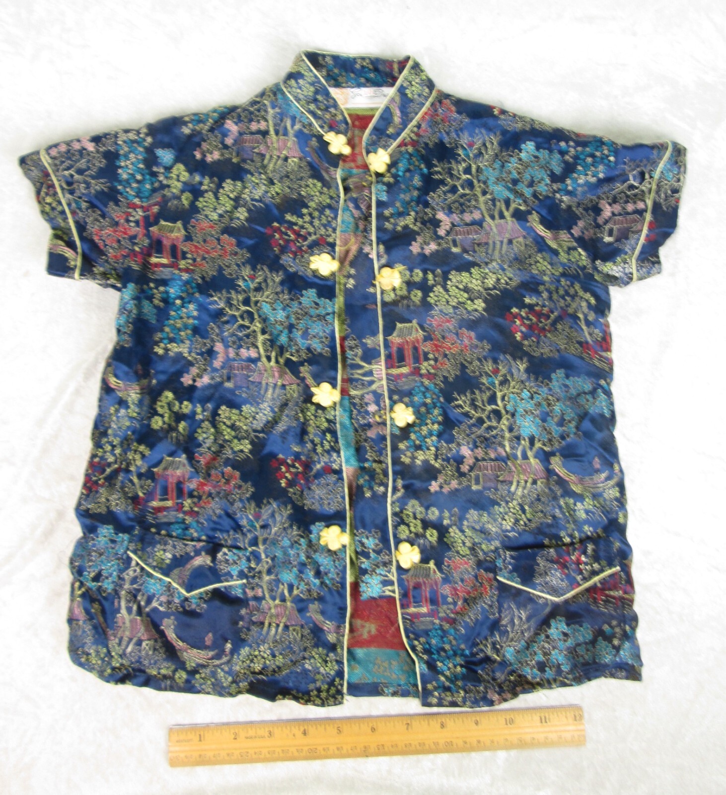 Asian Silky Shirt Blue Red Yellow Turquoise Vintage Women 10