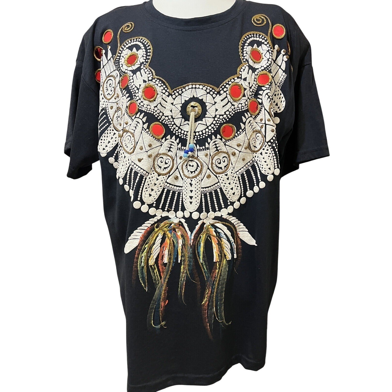 Vtg 90’s Shirt Womens L/XL Maximalist Wearable Art Native Embellished Tunic Top