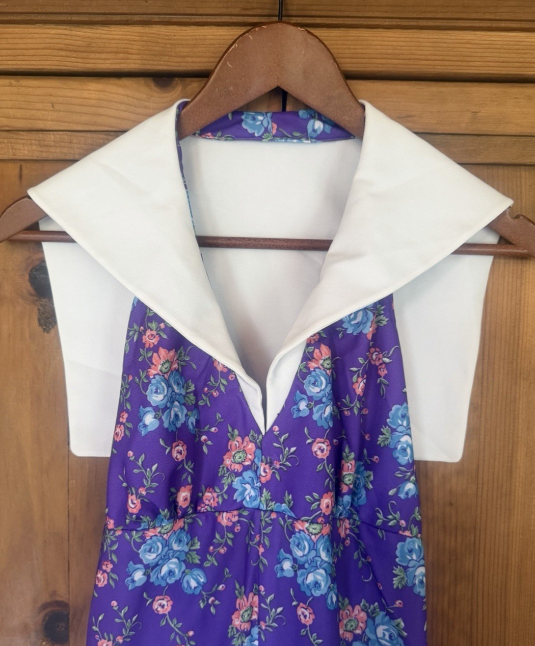 Vintage 70s Homemade Maxi Halter Dress Polyester BIG Collar Backless Talon #277