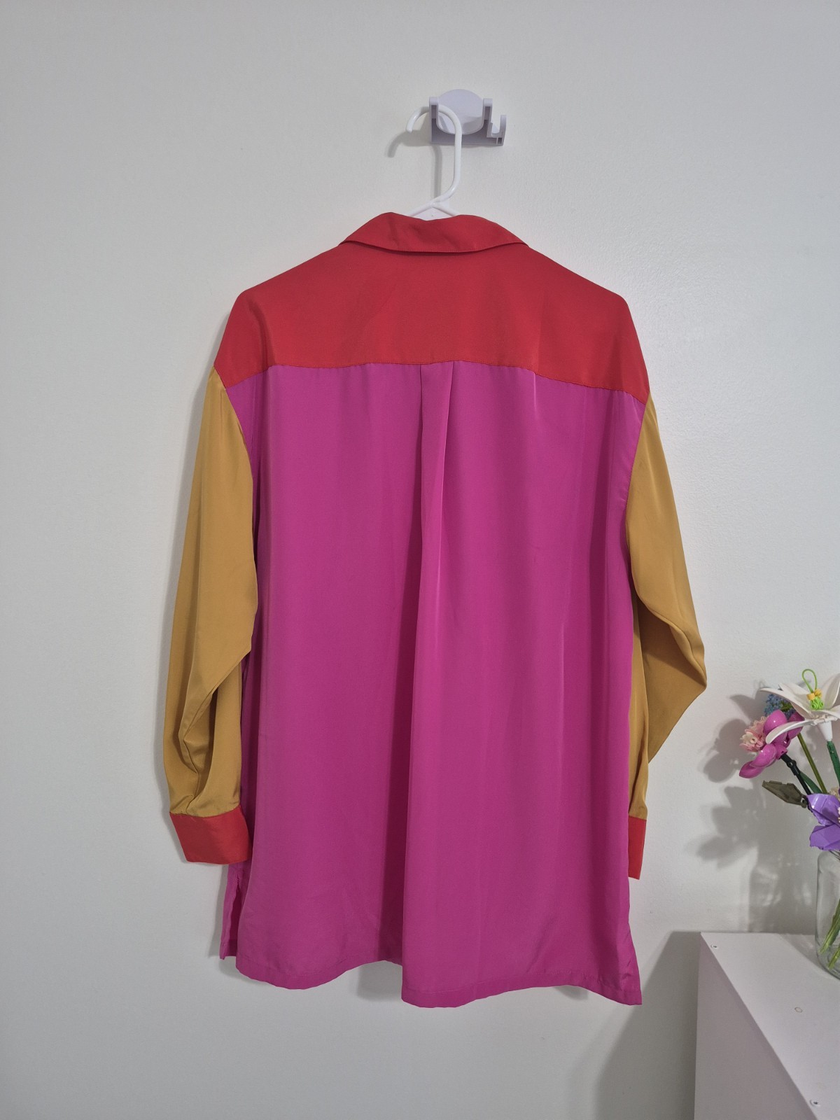 Vintage 80s Diane Von Furstenberg Colorblock Shirt Top Pink Red Yellow Sz 10 M