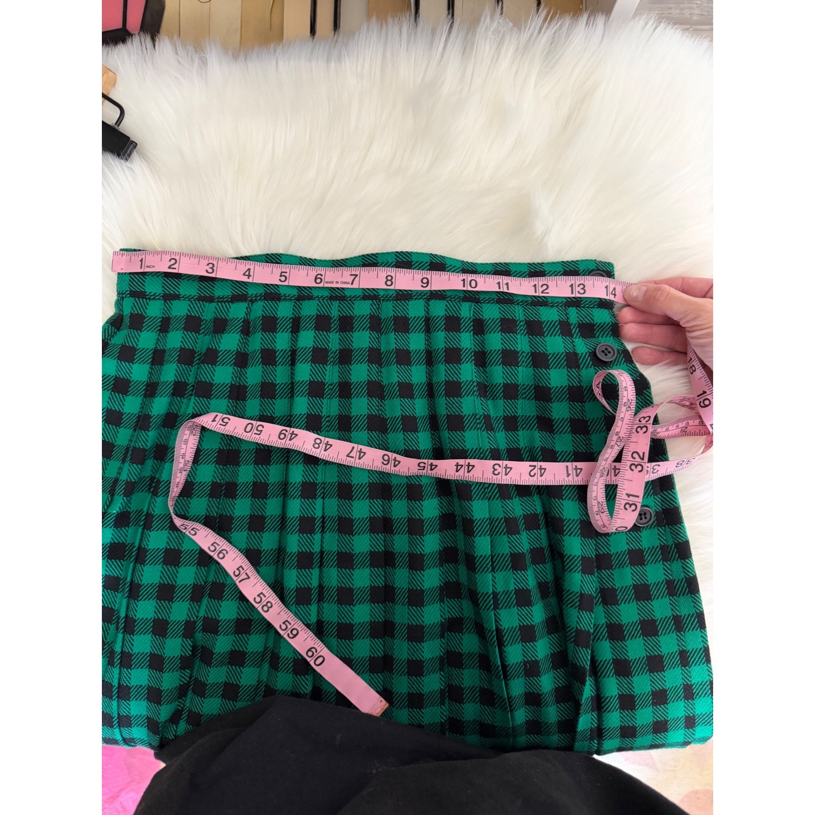 Vintage Micki – 100% Wool Pleated Skirt Green and Black Buffalo Check Plaid