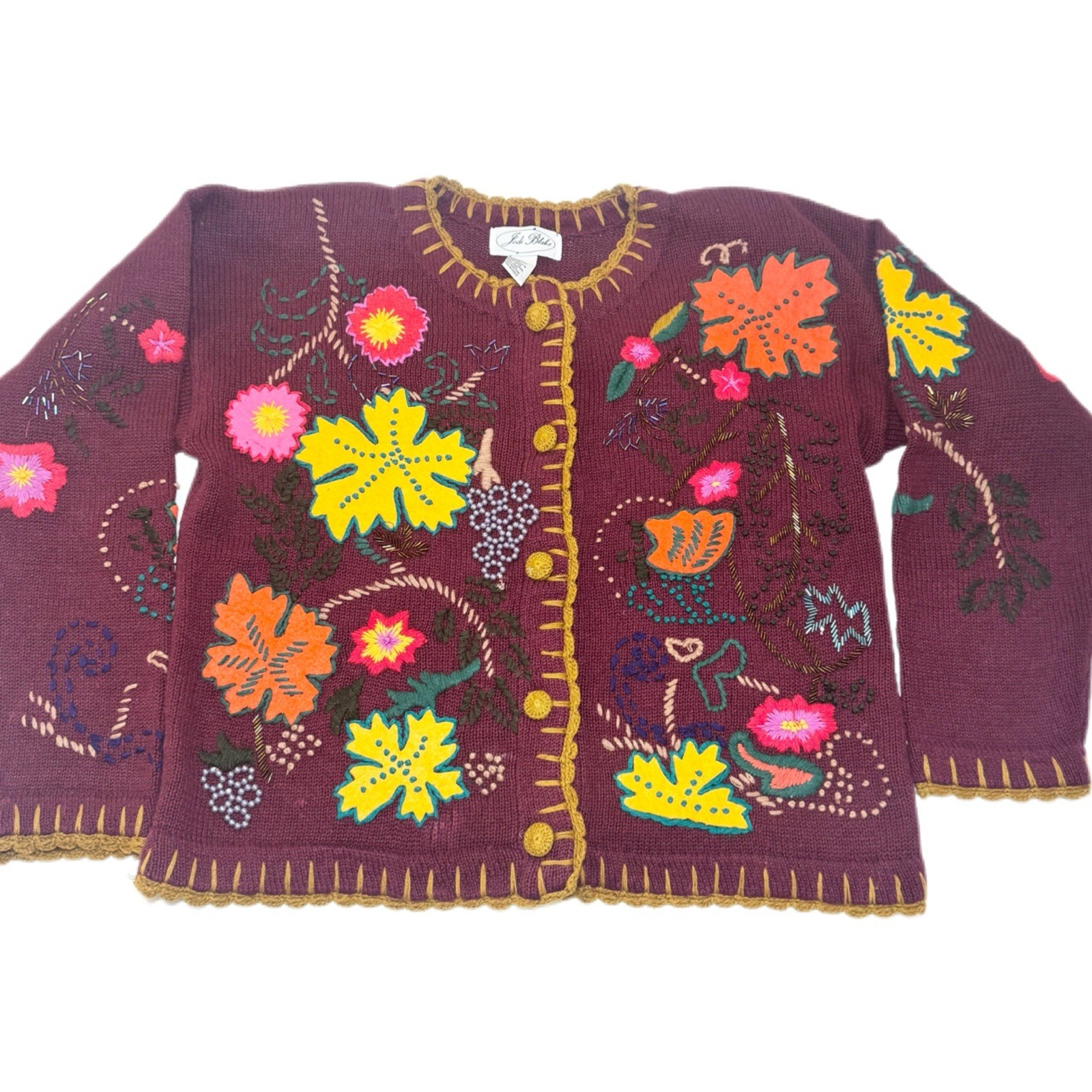 Jodi Blake Embroidered Cardigan L Fall Beaded Knit Folk Art to Wear Maximalist