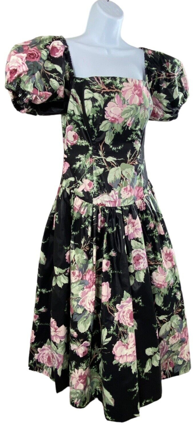 VTG 1980s s.g.gilbert Black Floral Chintz Dress Tulle Underskirt Tea Length Prom