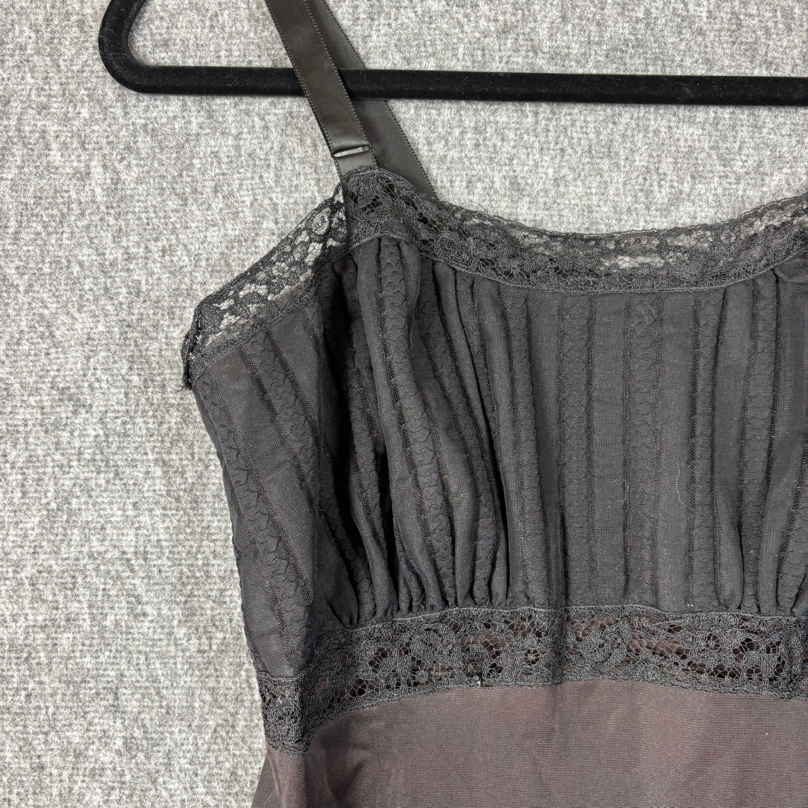 Vintage Corsage Black Nylon Tricot Full Slip Lace Trim Pleated Bodice Size 36