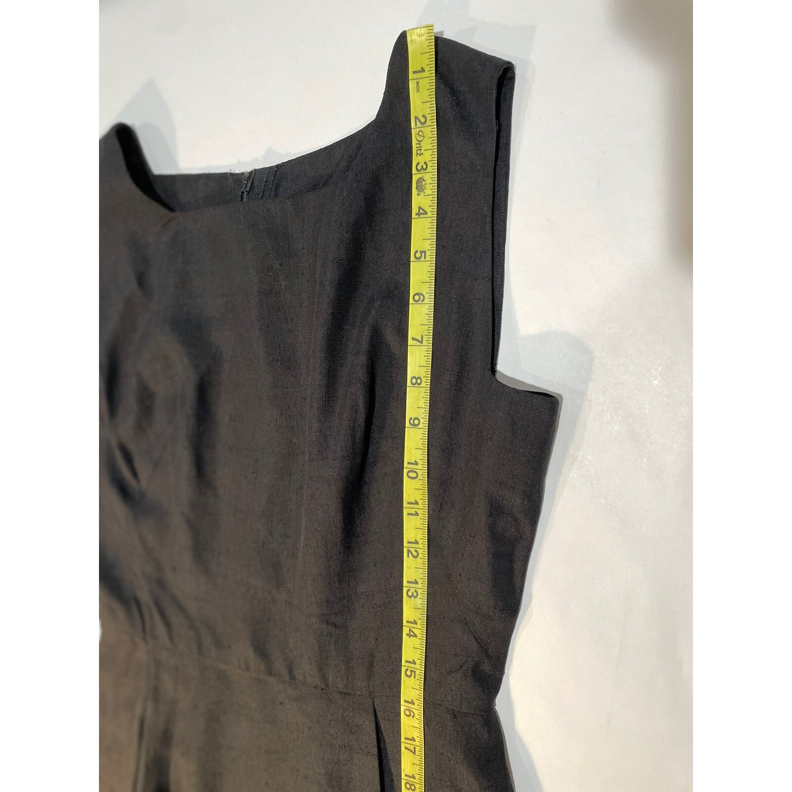 VTG 60s Little Black Dress Pencil Wiggle Square Side Arm Hole Pockets 38″ Chest