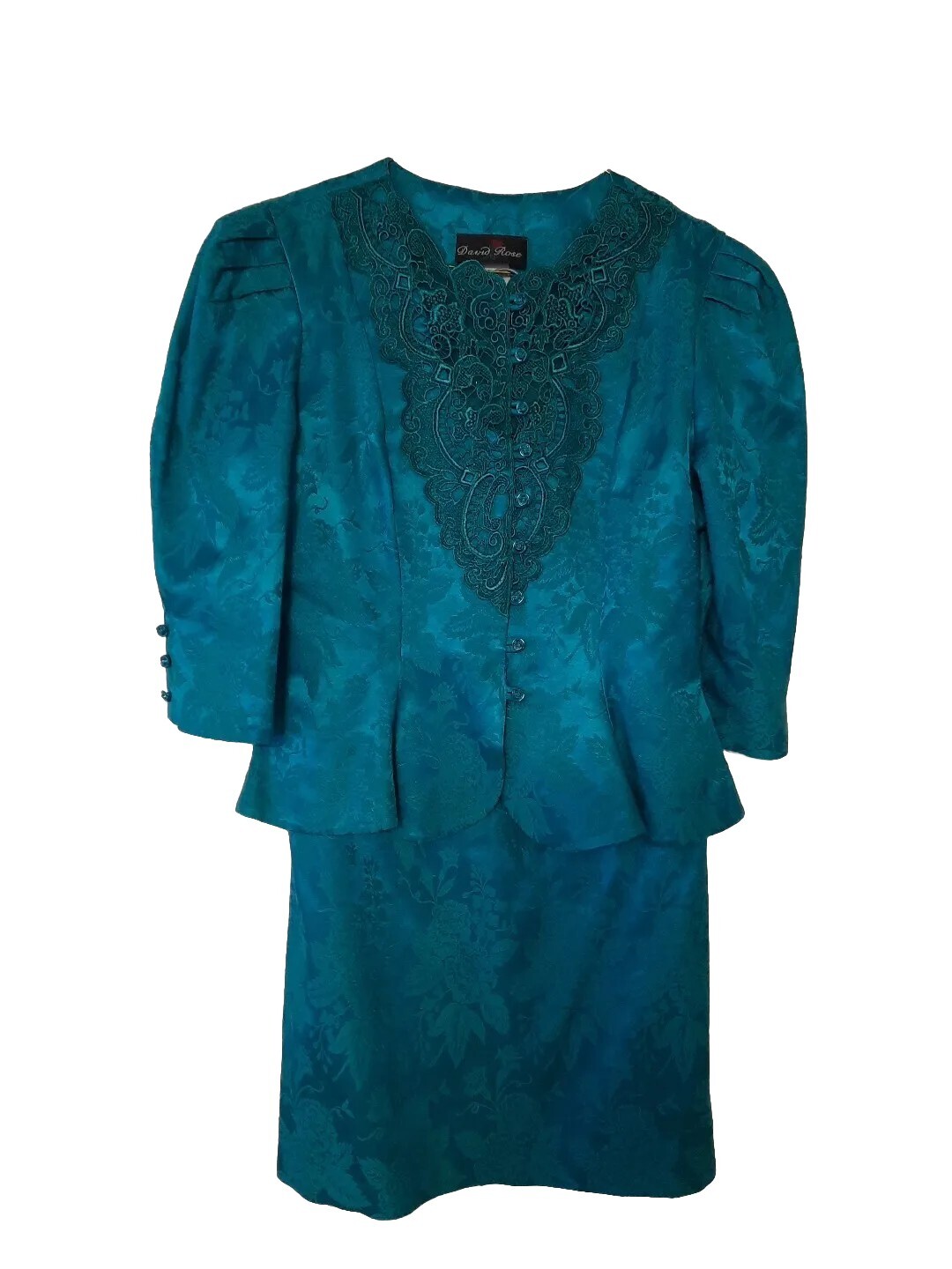 Vintage David Rose Dress Women’s Sz 8W USA Green Brocade Lace Mother Of Bride