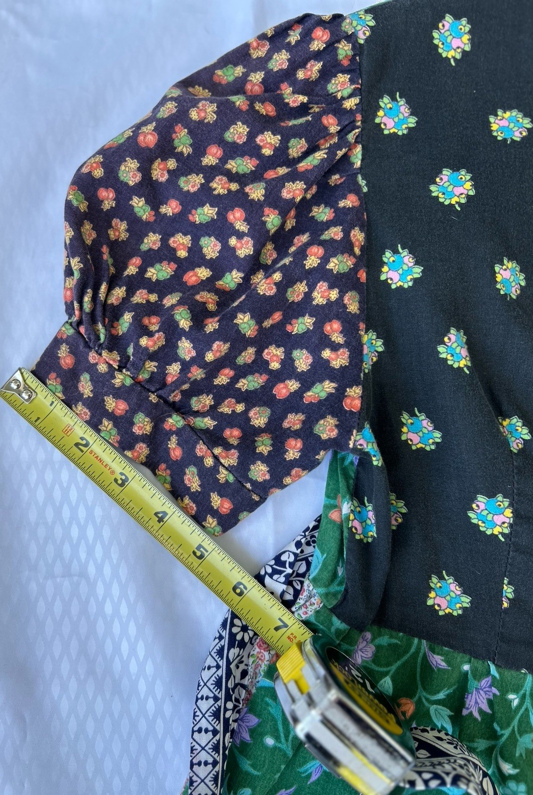 Vtg 1975 Boho Sm Blouse Pieced Quilt Patchwork Empire Waist Tie Back Eyelet yoke