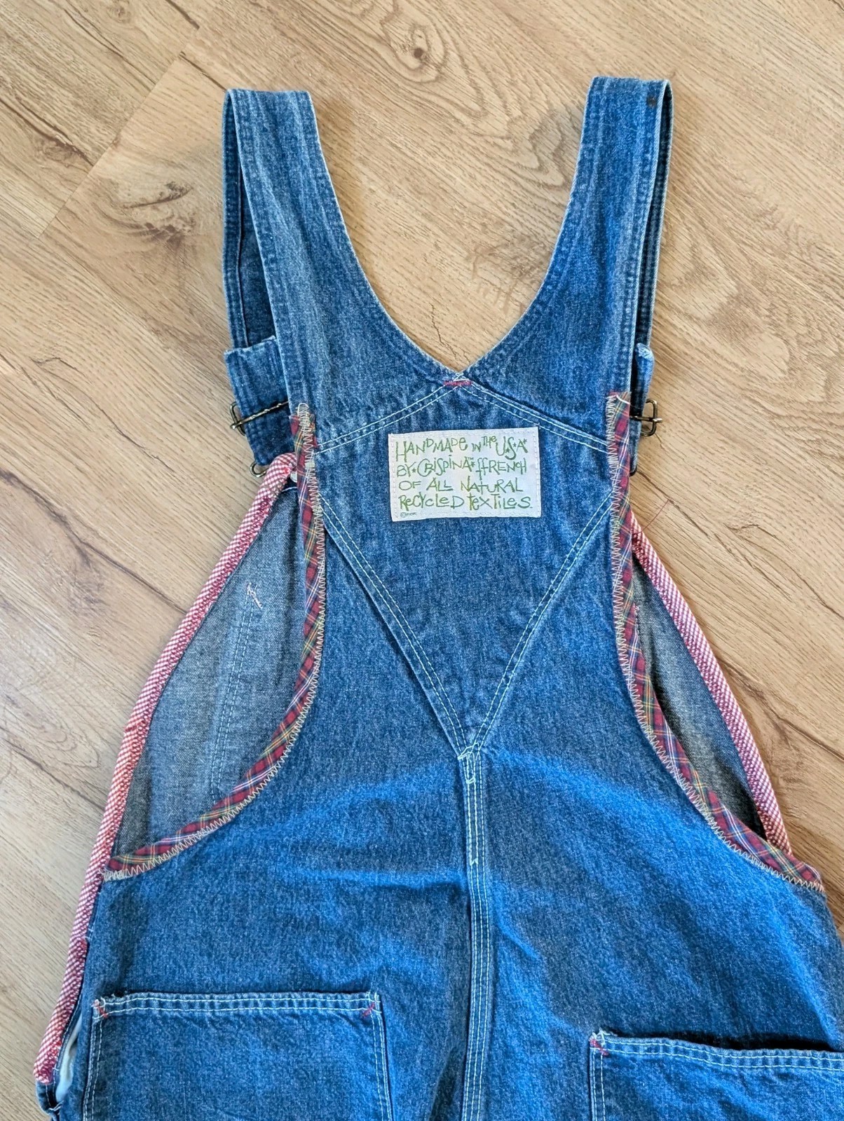 VINTAGE 1995 Crispina FFrench Handmade Artist Upcycled PATCHWORK OVERALLS 36×32