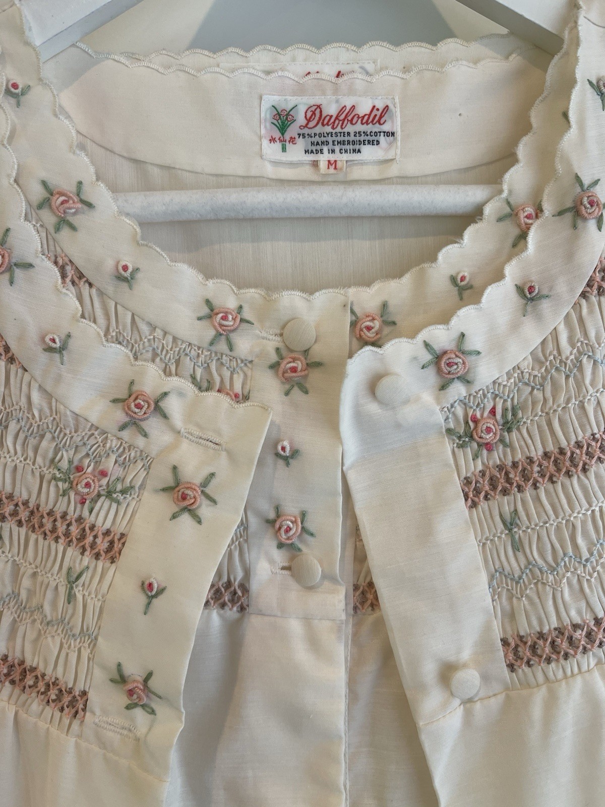 Vintage 2pc Smocked Embroidered Nightgown & Dressing Gown Robe Cottagecore Sz. M