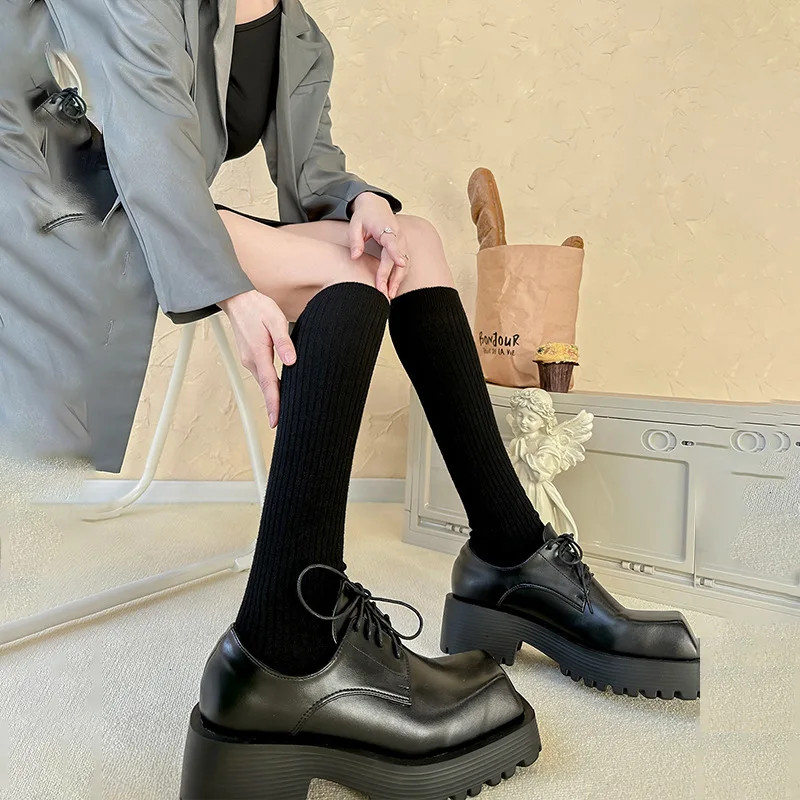 Socks Woman Autumn and Winter Thick Warm Solid Color Knee High Stockings Black