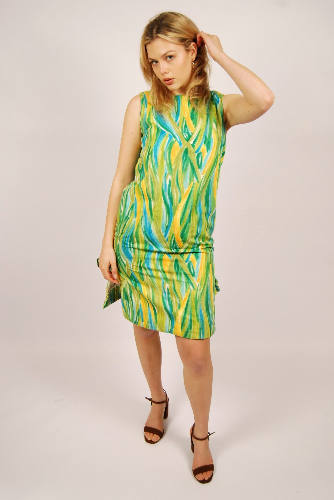 60s Artsy Shift Dress (L) large green blue vintage midi paint abstract retro mod