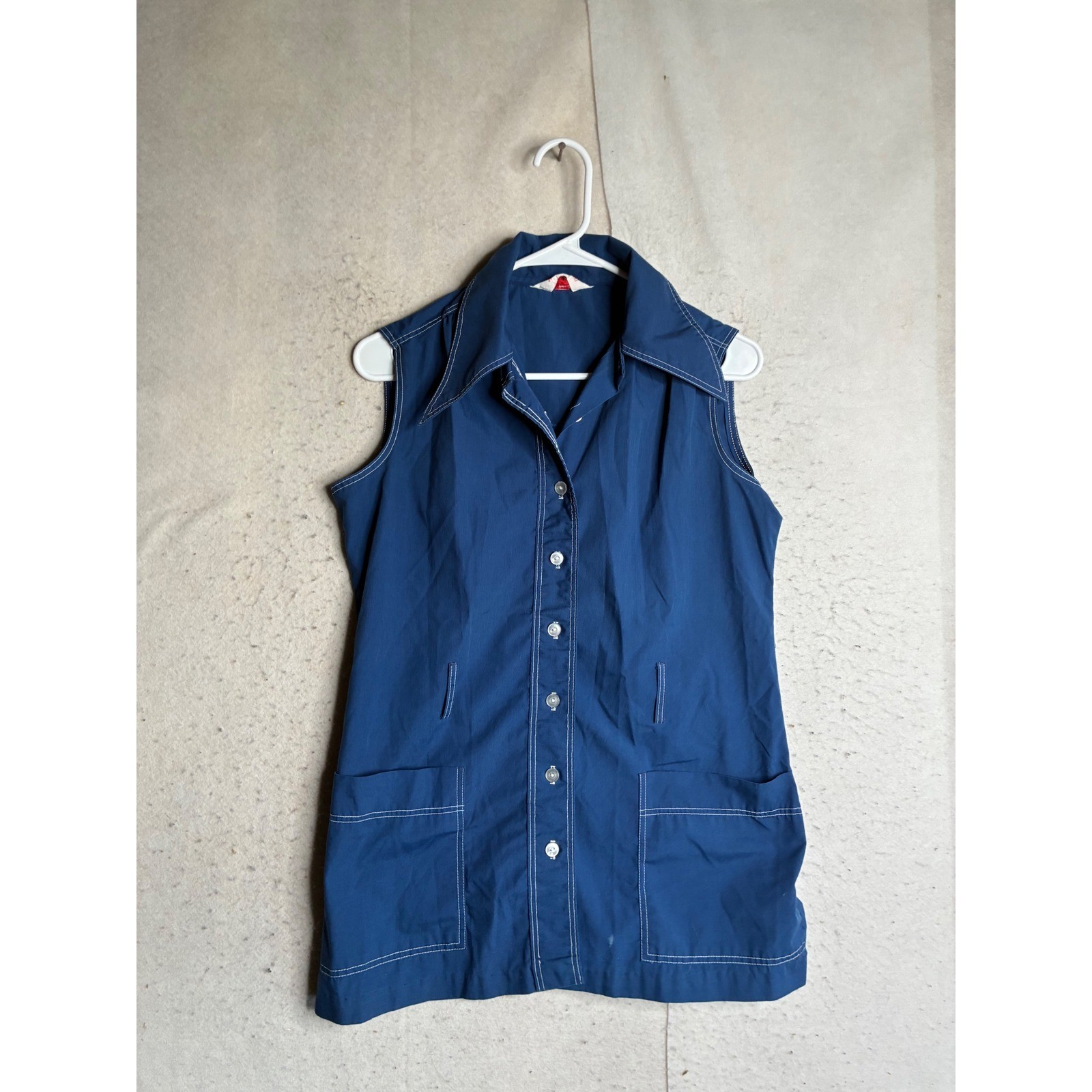 Vintage Navy Blue Sleeveless Button Front Tunic Top Contrast Stitch Pockets 12