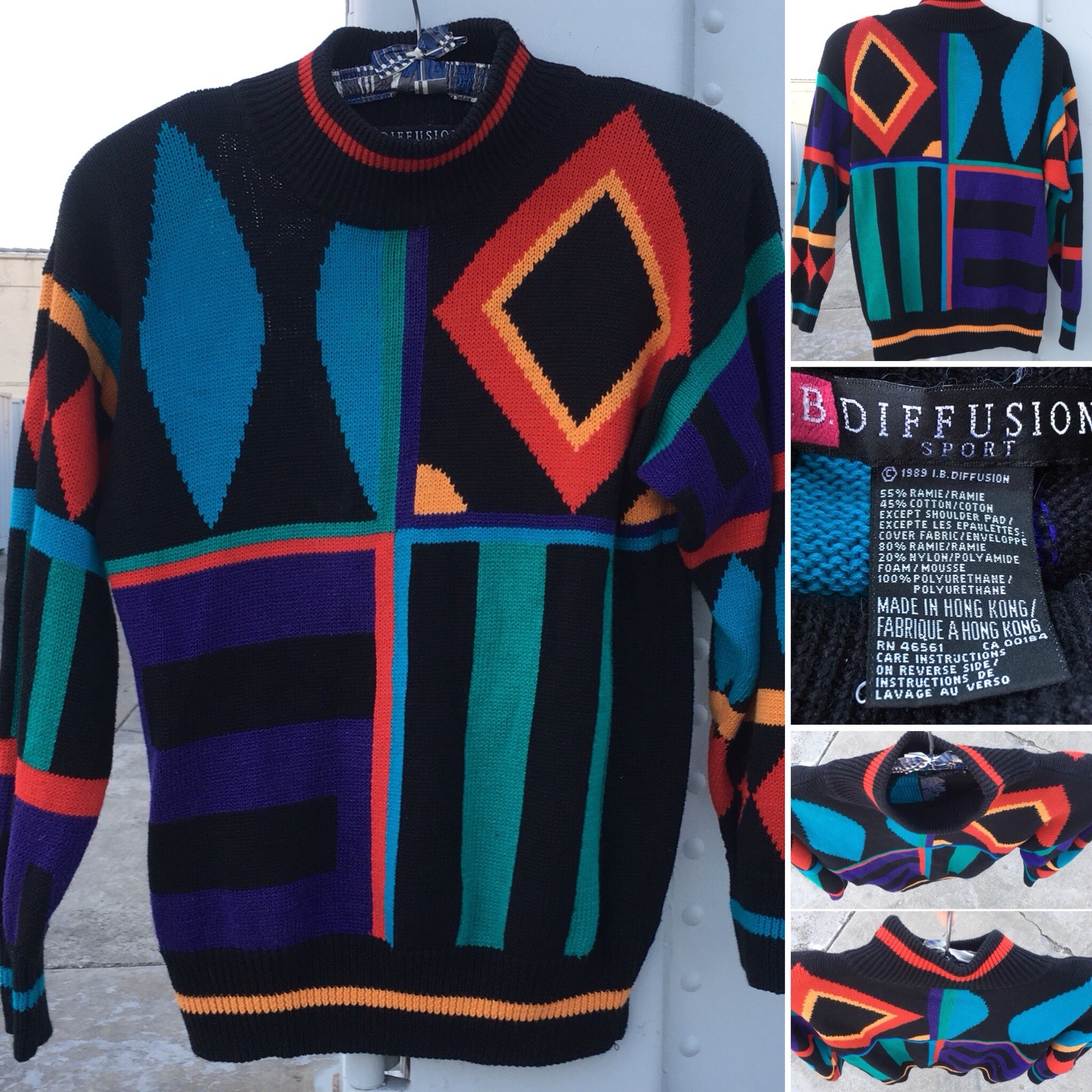 Vintage IB Diffusion Sport Sweater c 1989 Geometic 80s 1980s Size S Small