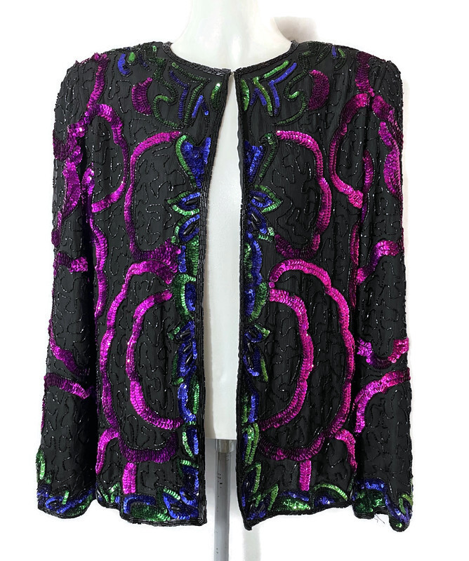 Vintage 80s Carina Silk Beaded Lined Jacket Women’s S Black Multicolor Sequin