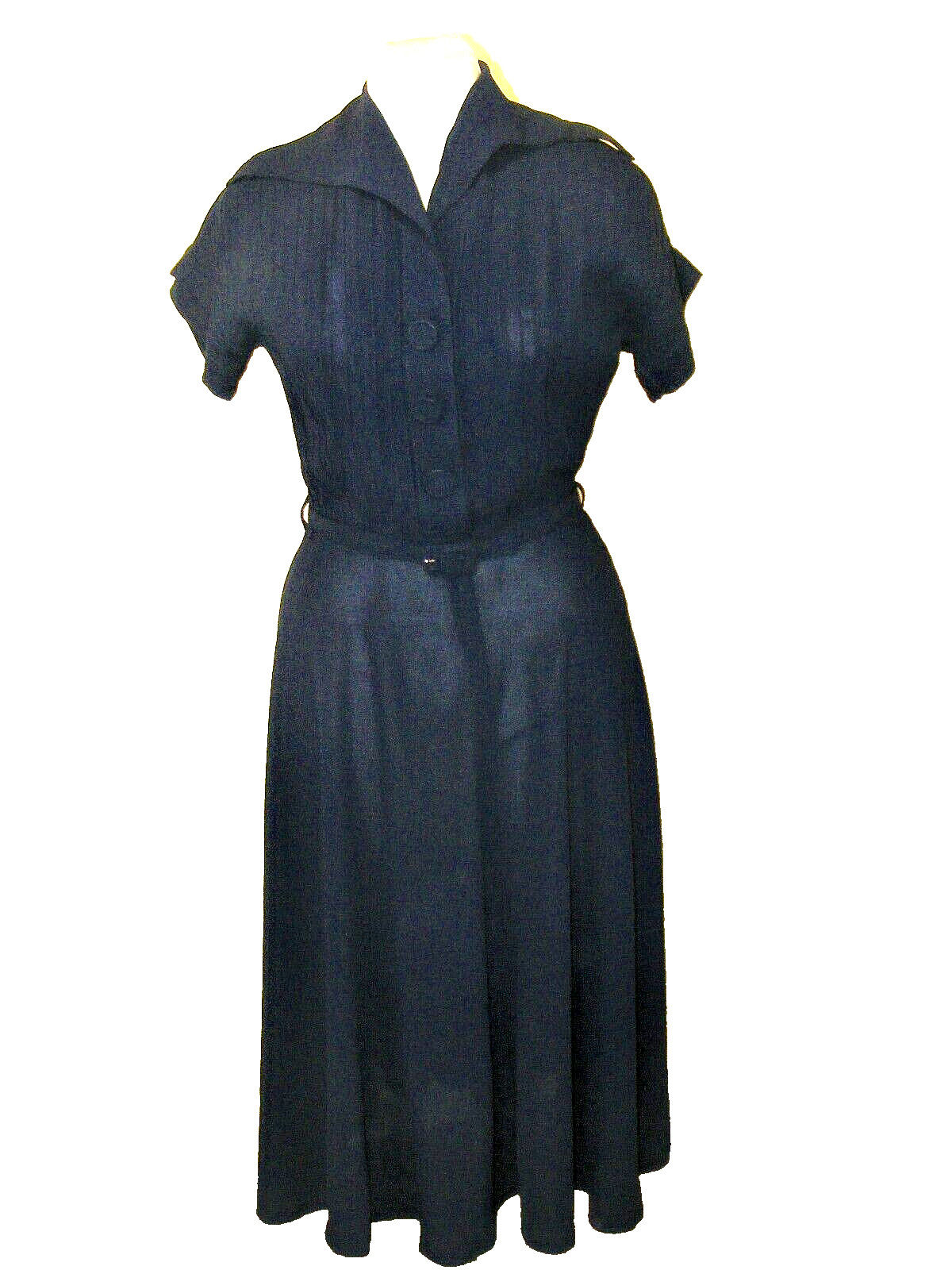 40S DRESS BLUE RAYON PLUTZER PRIZE SHEER LONG FULL SKIRT BELTED PINTUCK PLEATED