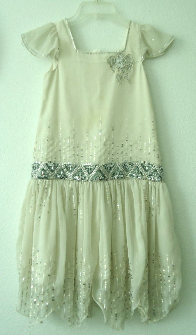 Vgt-50s MONSOON Girl’s Flapper Ivory Flapper Glitter Rhinestones Dress Size-8-9