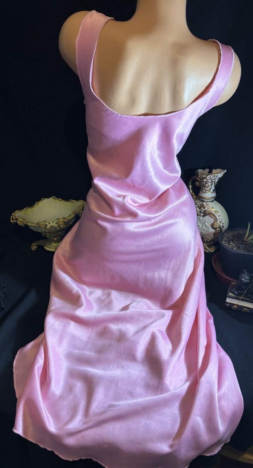 Vtg Satin Soft Pink Anastasia w Strips in gown Nightgown Negligee Gown w Lace