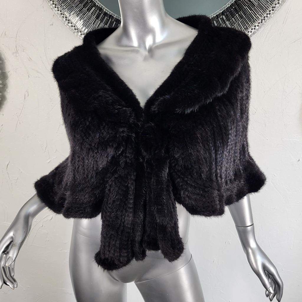 SAKOWITZ~S/M/L~VINTAGE BLACK KNITTED GENUINE REAL MINK FUR STOLE WRAP CAPE COAT