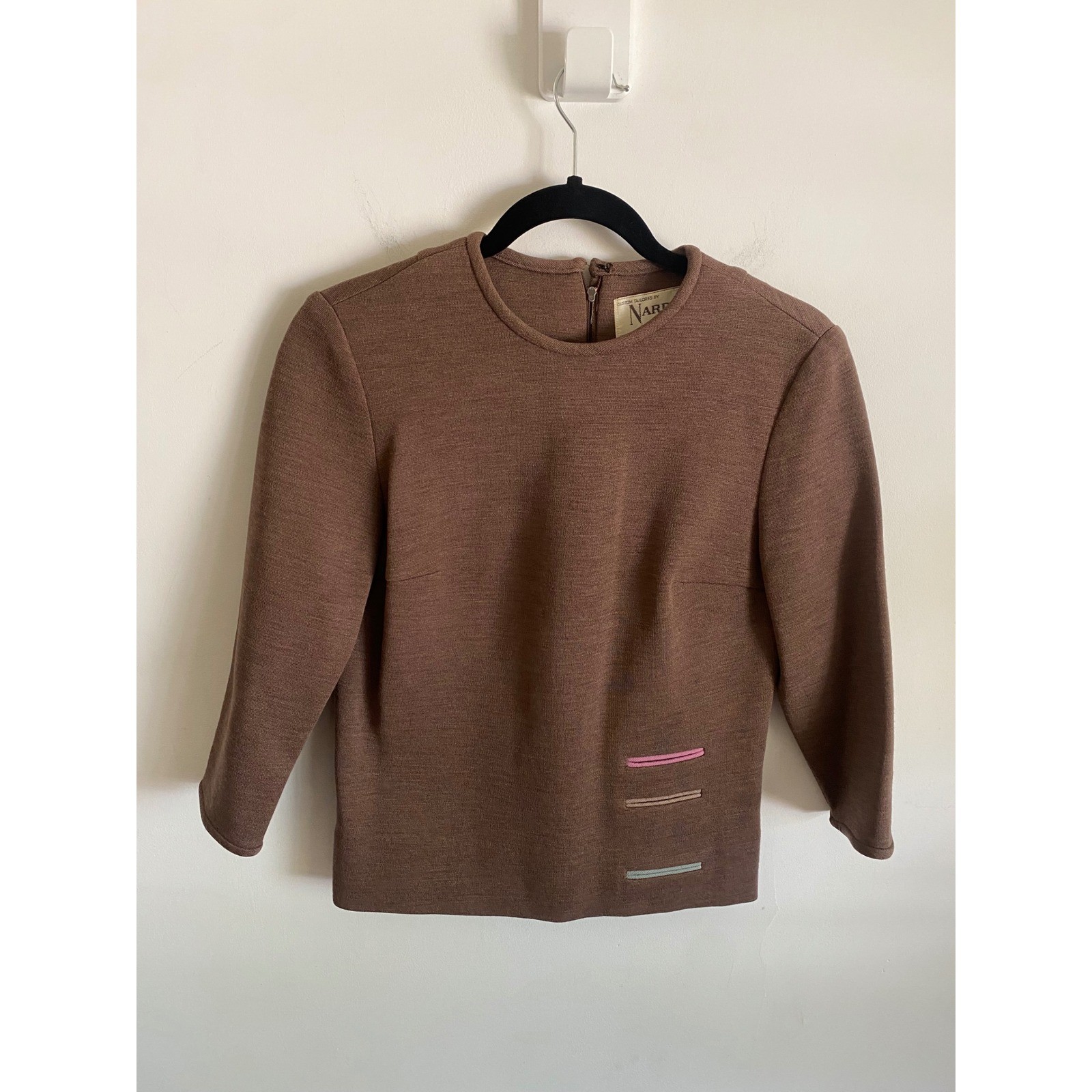 Vintage Nardis of Dallas Brown 100% Wool Worsted Double Knit 3/4 Sleeve Top