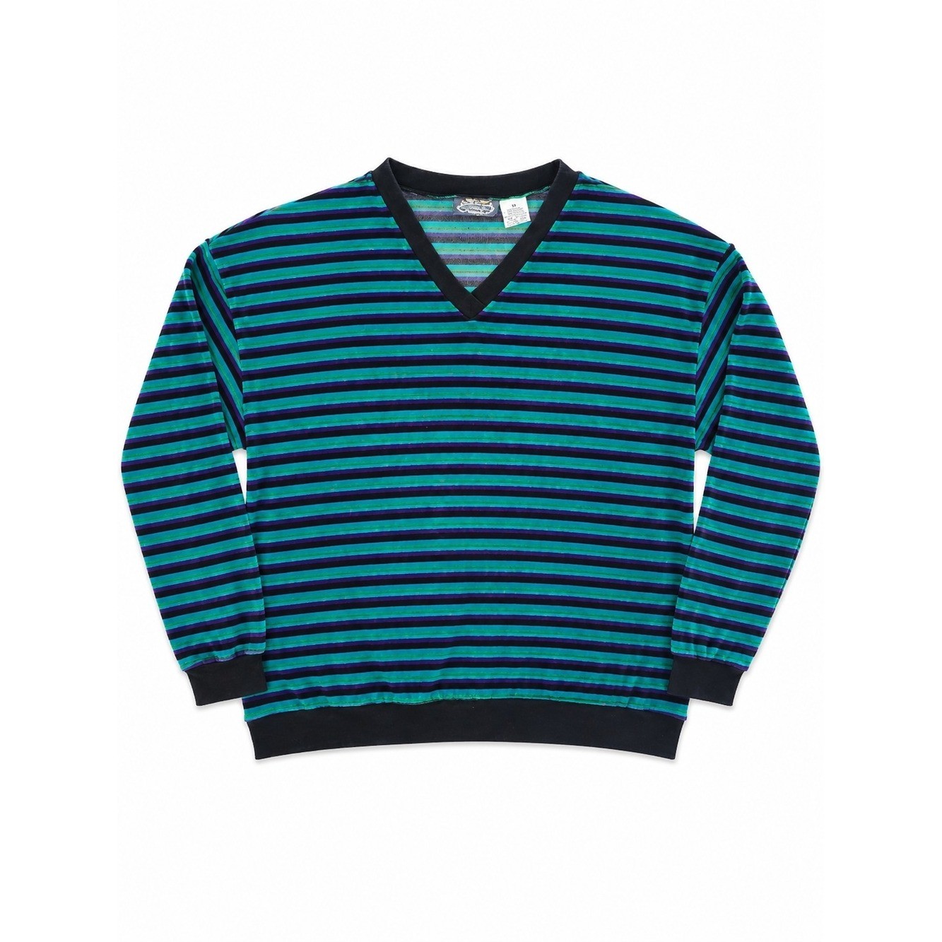 Vintage Velvet Striped V-Neck Sweater in Teal and Black, Size 3XL