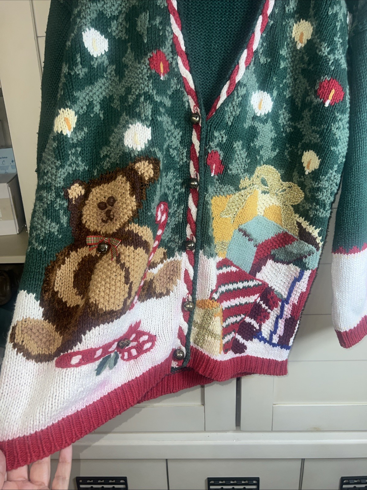 Vintage Casual Corner Bear, Presents, And Bells Women’s Christmas Cardigan
