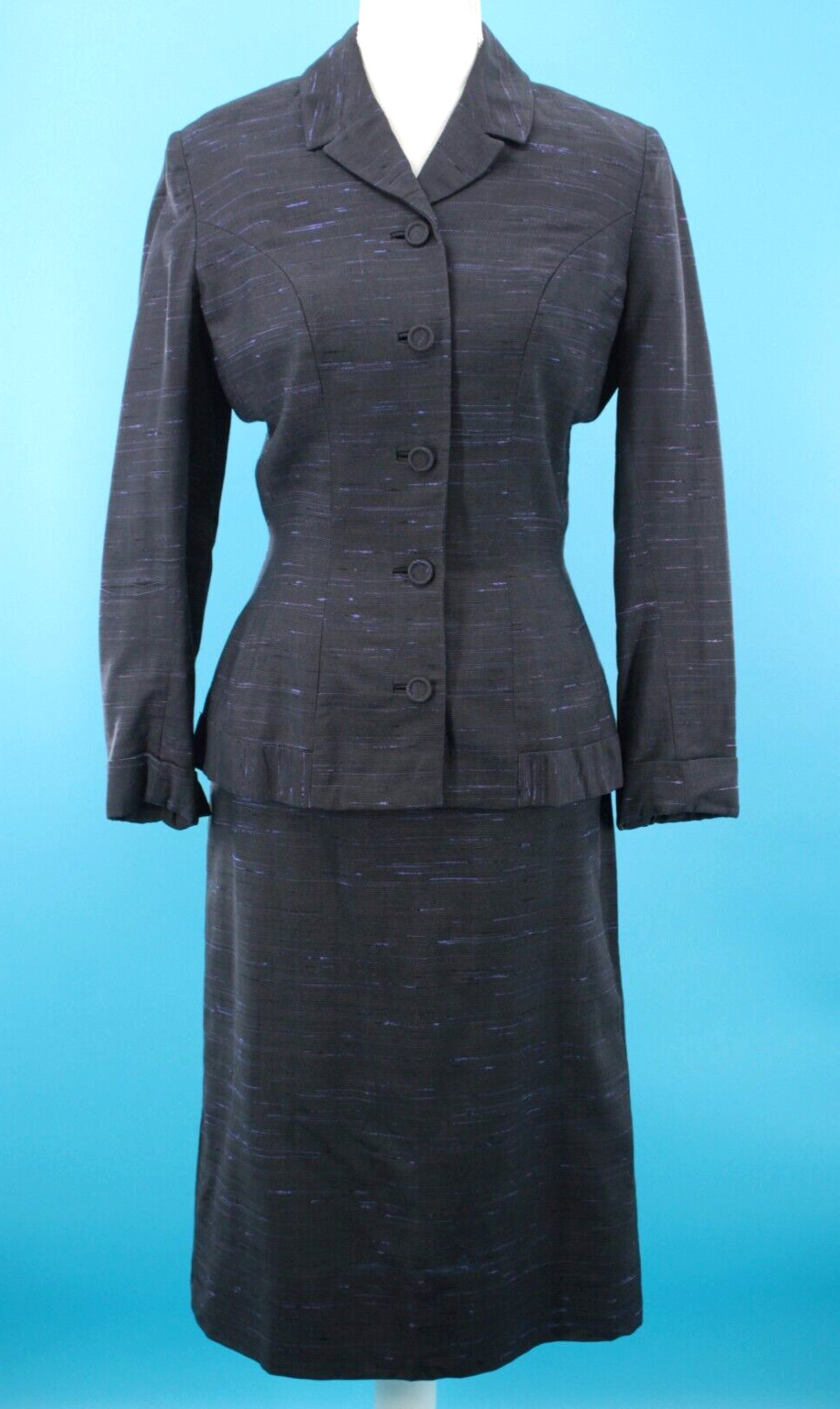 VTG Womens 50s 2Pc Black & Purple Lined Jacket & Skirt Set XS/S 1950s Dress Suit