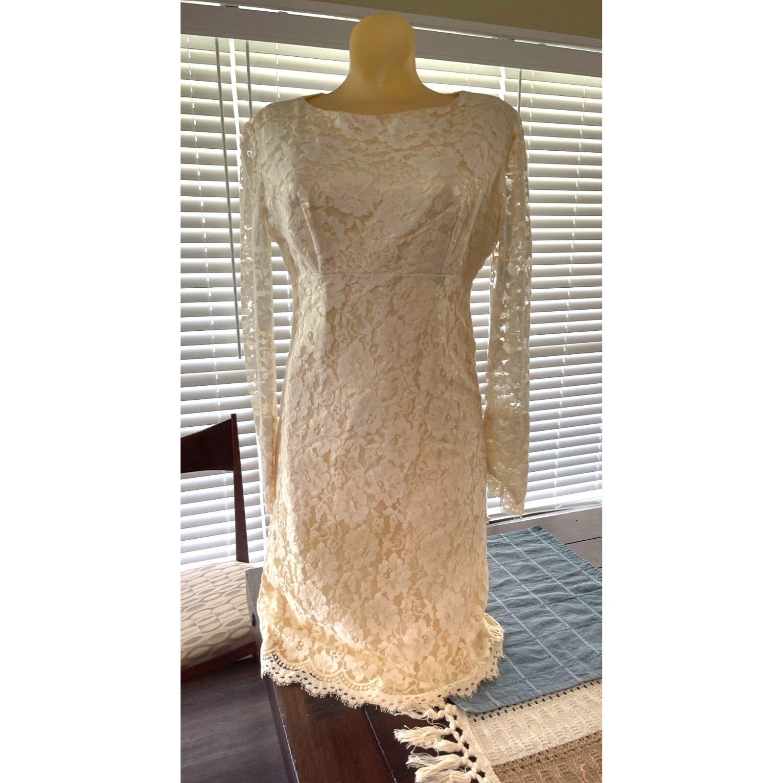 Lace Over Satin Wedding Dress Vintage Homemade Fitted Point Sleeves