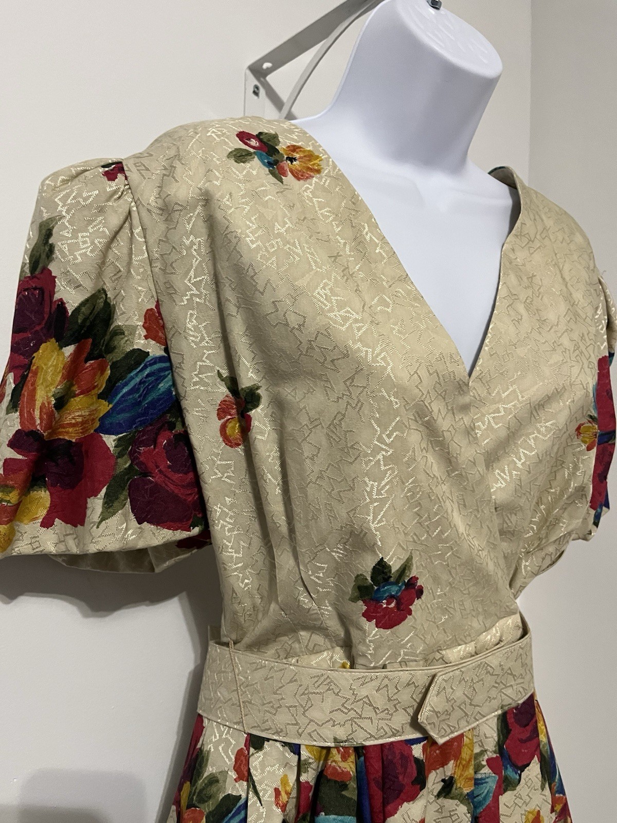 Antara Vintage Made in USA 80s Floral Peplum Dress Beige Multi-Color 9/10