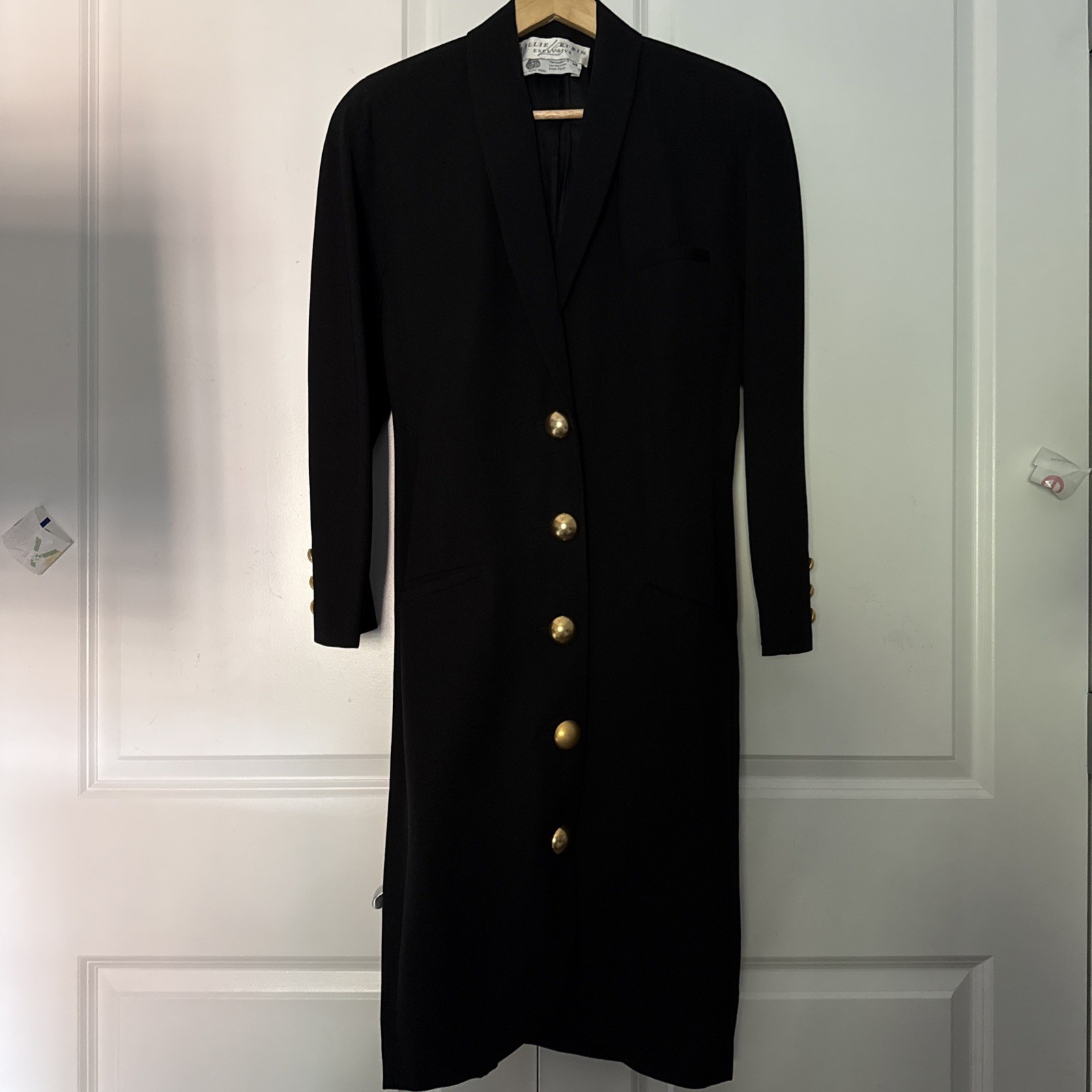 Vtg Lillie Rubin Wool Coat Dress 10 Black Shoulder Pads GoldButtons Quiet Luxury