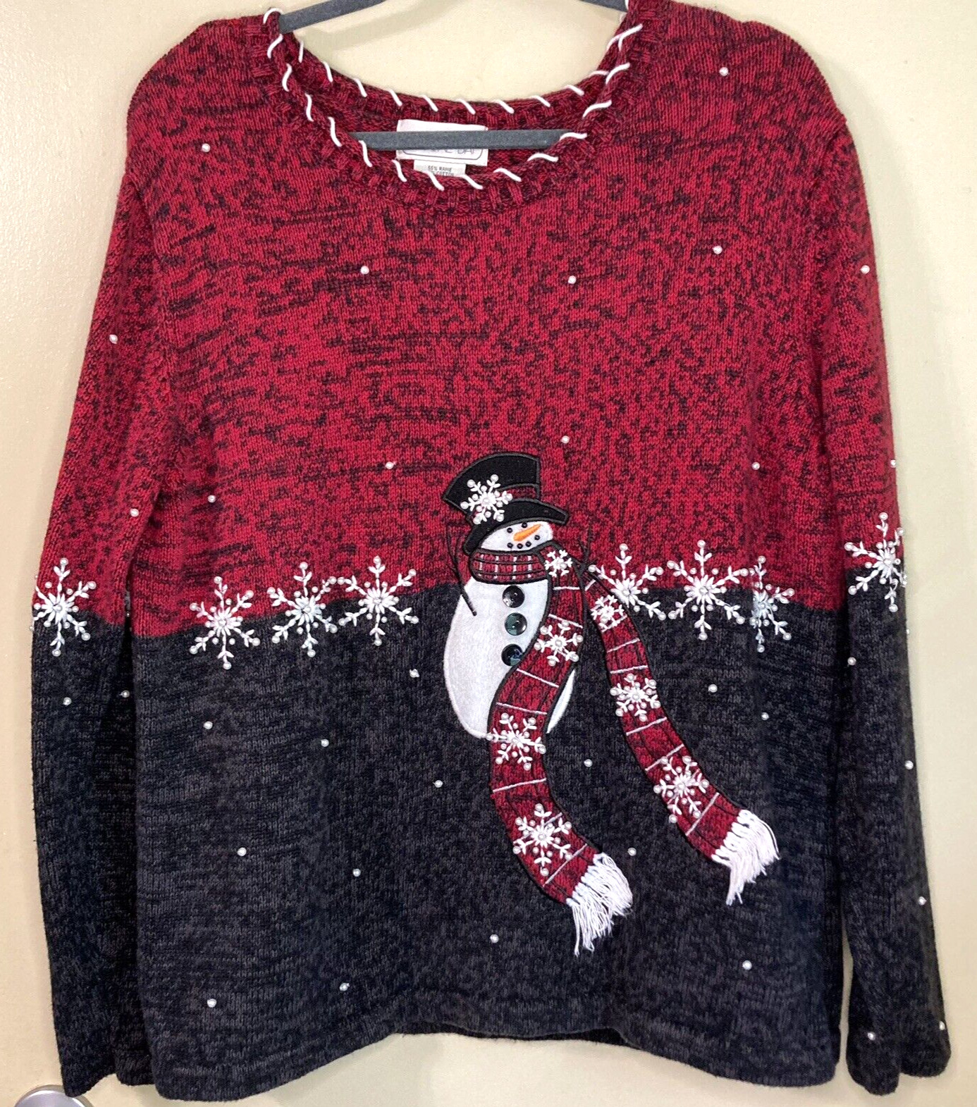 Mandal Bay Christmas Sweater Party Knit Top Snowman SnowFlakes Beaded Size XL