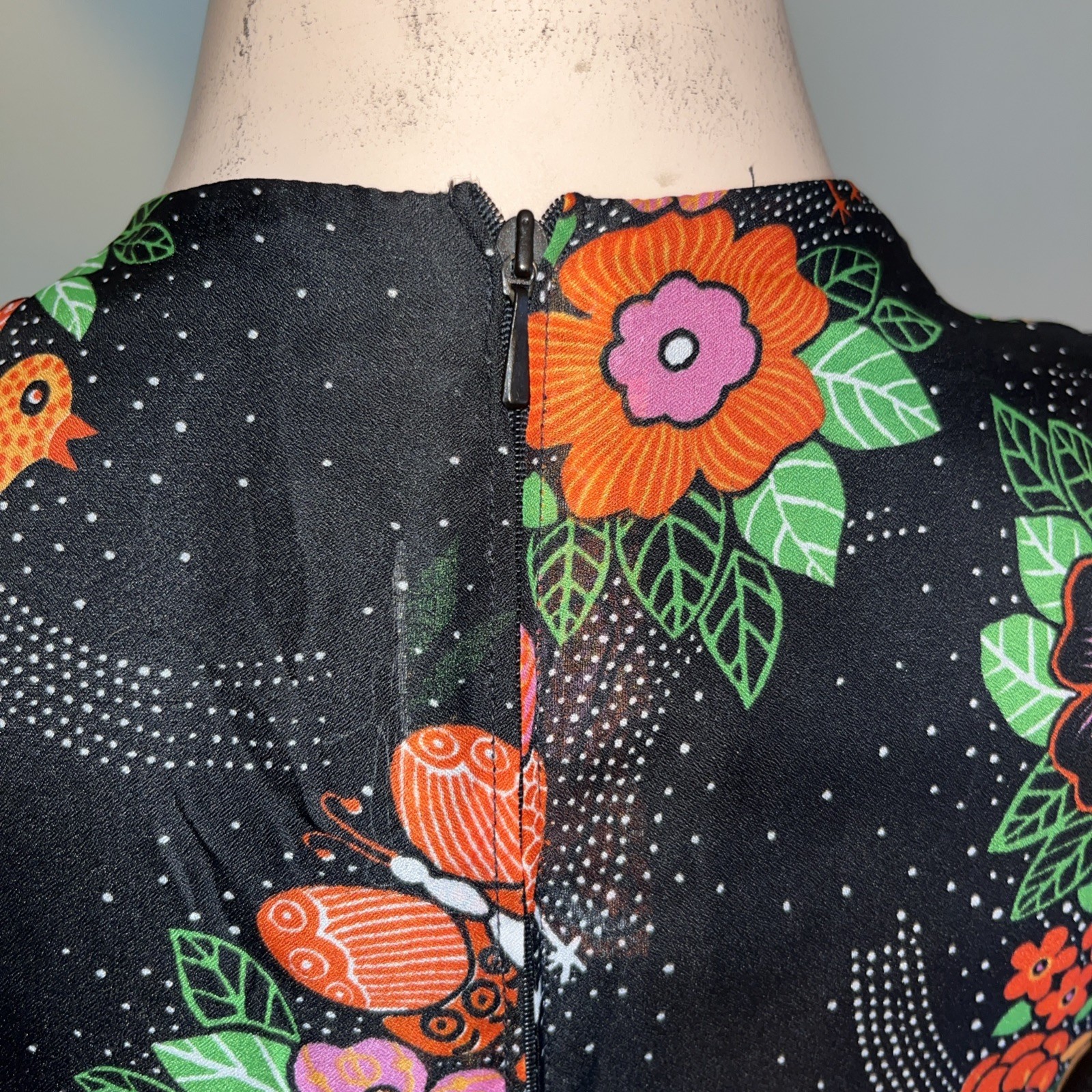 Vintage 70s European Floral Bird Hippie Mod Mini Dress Sheer Puff Sleeve Folk M