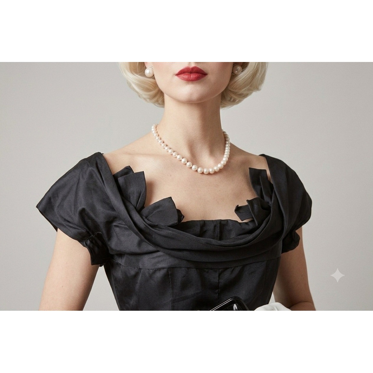 Vintage 1950s Black Silk Portrait Neckline Bow Cocktail Dress Mid-Century Modern