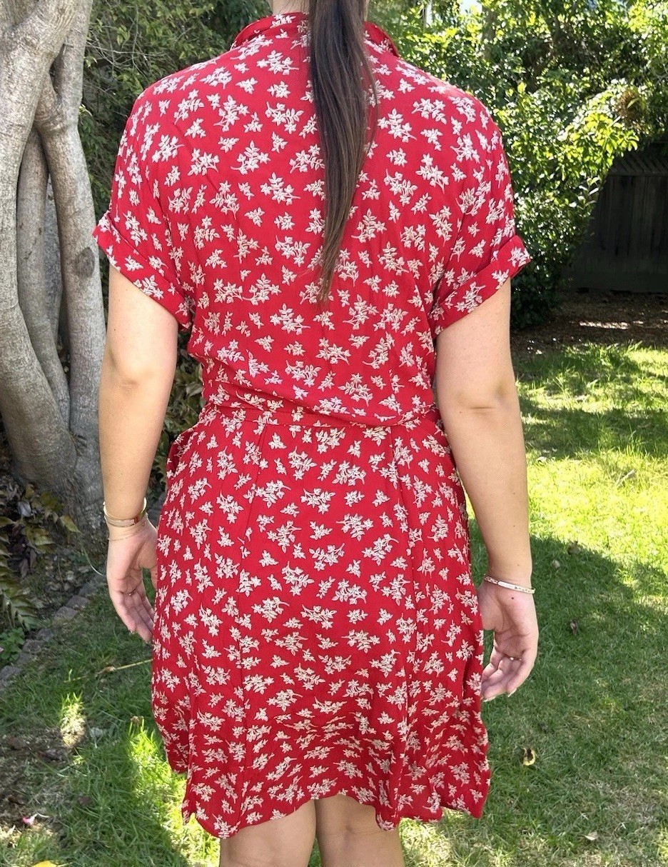 Vintage 90s Autumn Moon S M Rayon Belted Dress Pockets Red Floral USA Retro 50s