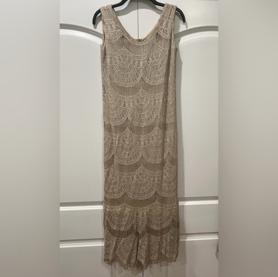 Vintage Damianou Dress Lined Taupe Gold Metallic, fringed bottom, Size Small