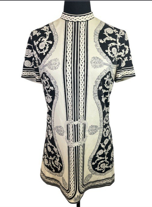 Vintage 60s 70s Mr Dino Mod Mini Shift Dress Sz 10 Baroque Graphic Cream Black