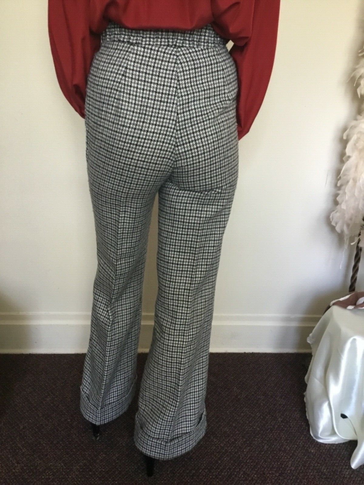 60’s Vintage Ivory Hi Rise Black Gray Hound’s-tooth Bell Bottom Pants