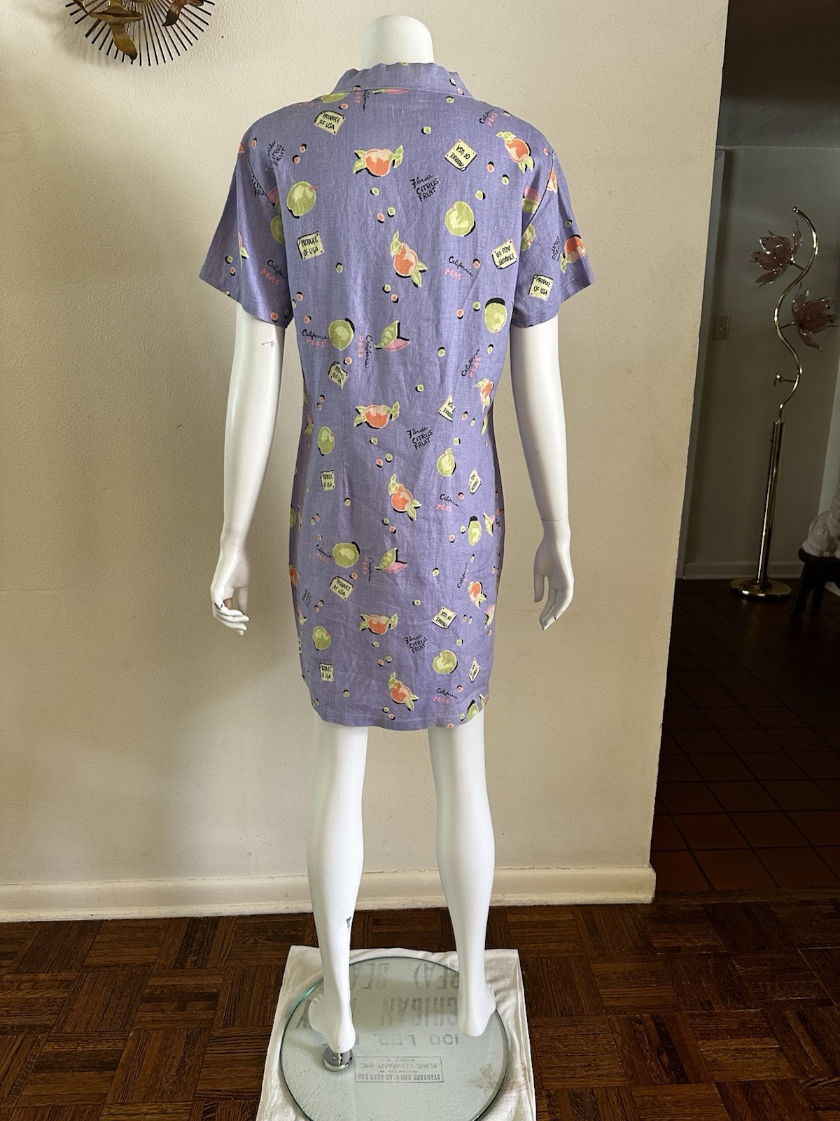 Vintage 90s Linen Novelty Citrus Fruit Shirt Dress Purple Button Front Kiko S M