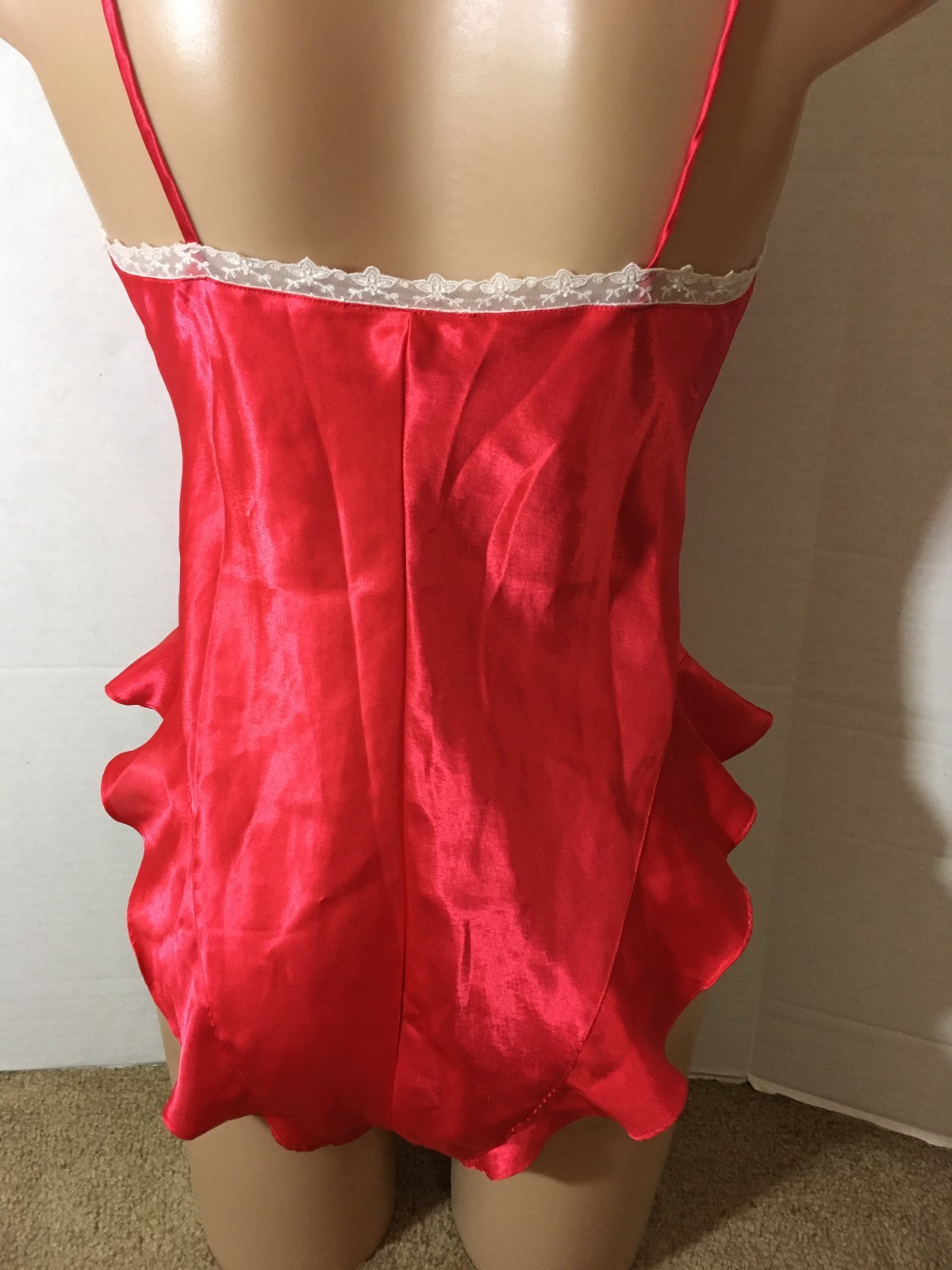 S Vtg VICTORIA’S SECRET Soft SATIN Lace Bodysuit Teddy Red Ivory Gold Label