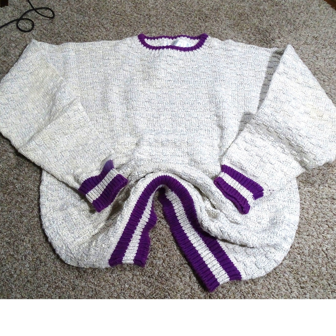 Vtg United States Sweaters 100% Cotton Knit Pullover Size Large Purple Ringer